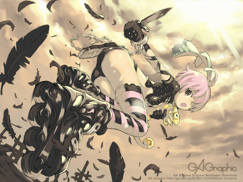 1girl :o ahoge ass chain chameleon feathers female_focus gagraphic hair_over_one_eye haku_(artist) haku_(sabosoda) inline_skates knife open_mouth pink_eyes pink_hair plant reverse_grip roller_skates short_hair skates sky solo venus_flytrap