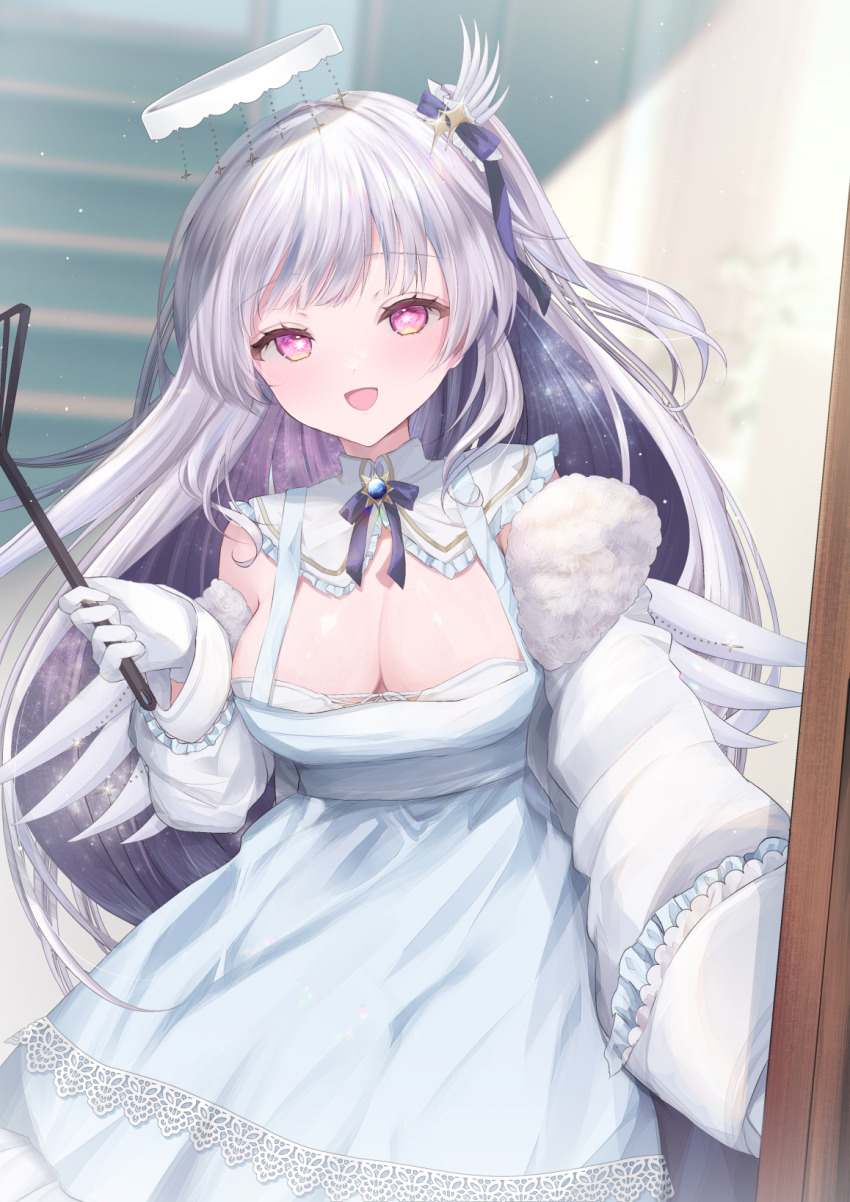 1girl :d amayui_hiiro blue_dress blush breasts capelet cleavage colored_inner_hair commentary_request commission cowboy_shot detached_sleeves dress frilled_capelet frilled_ribbon frills fur-trimmed_sleeves fur_trim gloves grey_hair hair_ornament hair_ribbon halo highres holding holding_spatula indie_virtual_youtuber kurage_cc large_breasts long_hair long_sleeves looking_at_viewer multicolored_hair one_side_up open_door open_mouth pink_eyes purple_hair purple_ribbon ribbon skeb_commission sleeveless sleeveless_dress smile solo spatula star-shaped_pupils star_(symbol) symbol-shaped_pupils very_long_hair virtual_youtuber white_capelet white_gloves white_halo white_sleeves white_wings wing_hair_ornament wings