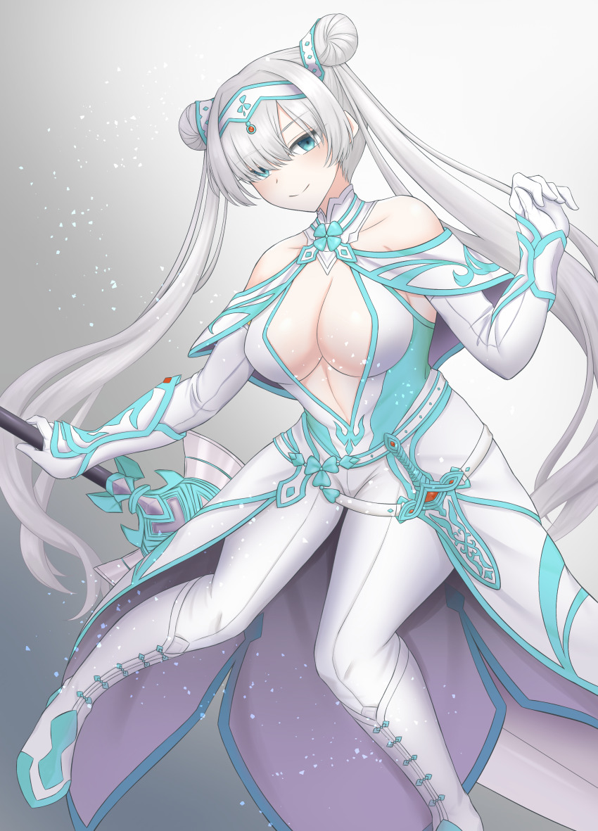 1girl absurdres anastasia_(fate) arm_guards bare_shoulders blue_eyes blue_trim blush boots breasts britomart_(fate) britomart_(fate)_(cosplay) britomart_(second_ascension)_(fate) capelet center_opening cleavage cosplay double_bun dress elbow_gloves fate/grand_order fate_(series) gloves greatsword hair_bun hair_over_one_eye hairband highres knee_boots large_breasts long_hair looking_at_viewer pants solo sword taut_clothes taut_dress tight_clothes tight_pants twintails utsugi_(karautu_gi) very_long_hair weapon white_boots white_capelet white_dress white_gloves white_hair white_pants