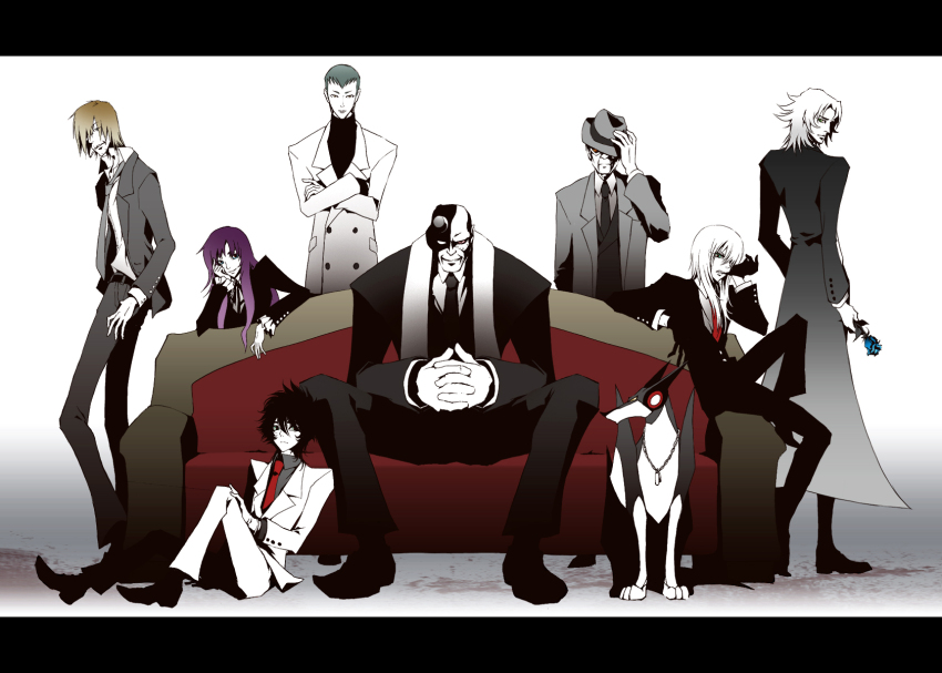 6+boys akoes alternate_costume biting blazer blonde_hair blue_flower blue_rose braiking_boss buttons casshern casshern_(series) casshern_sins closed_mouth coat collared_shirt commentary_request couch cuff_links dio_(casshern_sins) dog dog_tags double-breasted dune_(casshern_sins) expressionless fedora flower formal_clothes friender frilled_sleeves frills full_body biting_glove gloves hair_between_eyes hat hat_tip highres interlocked_fingers jacket jin_(casshern_sins) leda_(casshern_sins) letterboxed limited_palette long_bangs long_hair long_sleeves looking_at_viewer male_focus margo mochinue multiple_boys necktie oji_(casshern_sins) overcoat pants purple_hair red_necktie red_shirt revision robot rose shirt sitting smile suit vest white_background