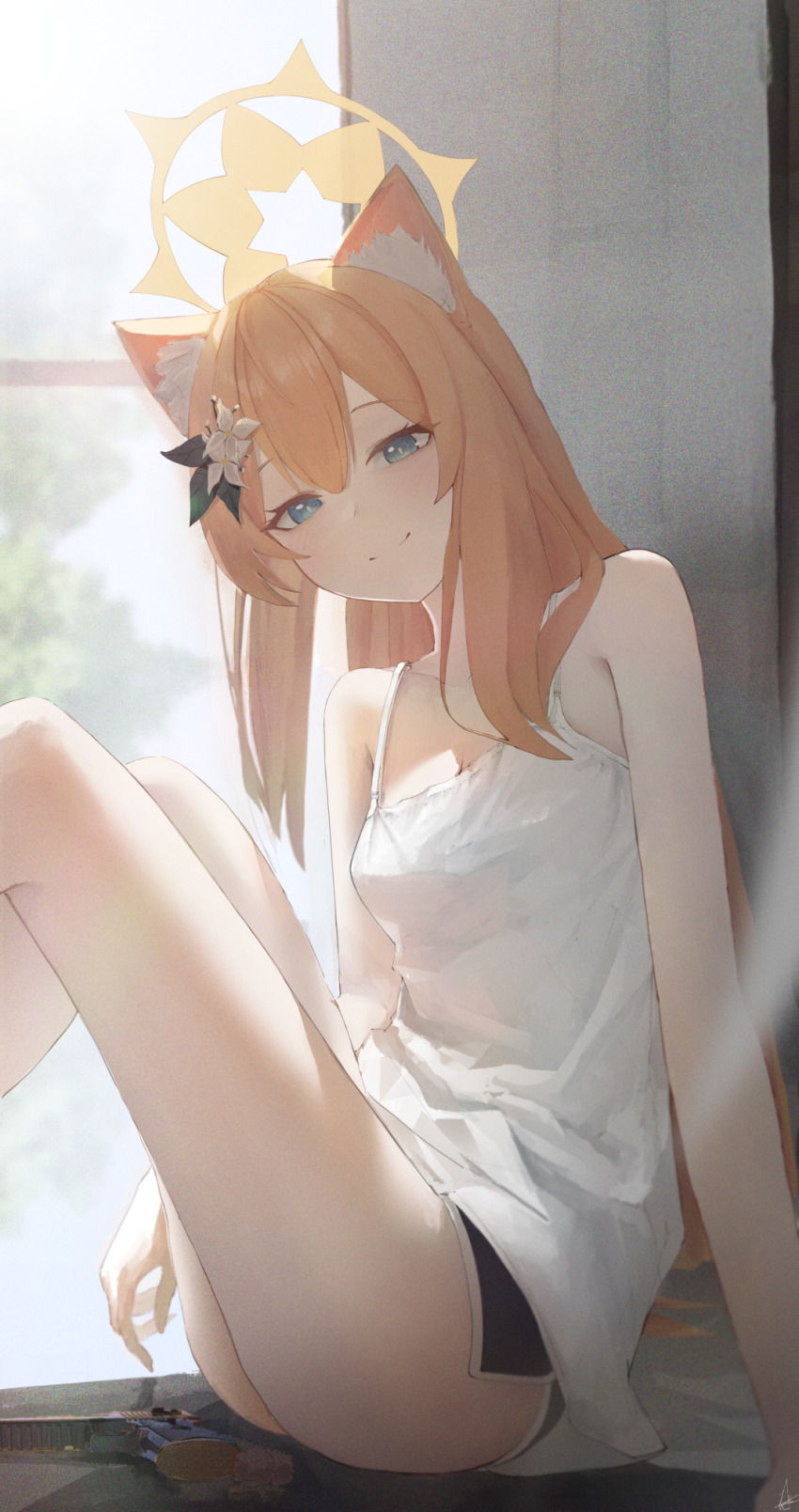 1girl animal_ear_fluff animal_ears blue_archive camisole dolphin_shorts flower gun hair_flower hair_ornament halo handgun highres knees_up kyatto-mikazu long_hair looking_at_viewer mari_(blue_archive) orange_hair short_shorts shorts sitting smile weapon white_camisole white_flower yellow_halo