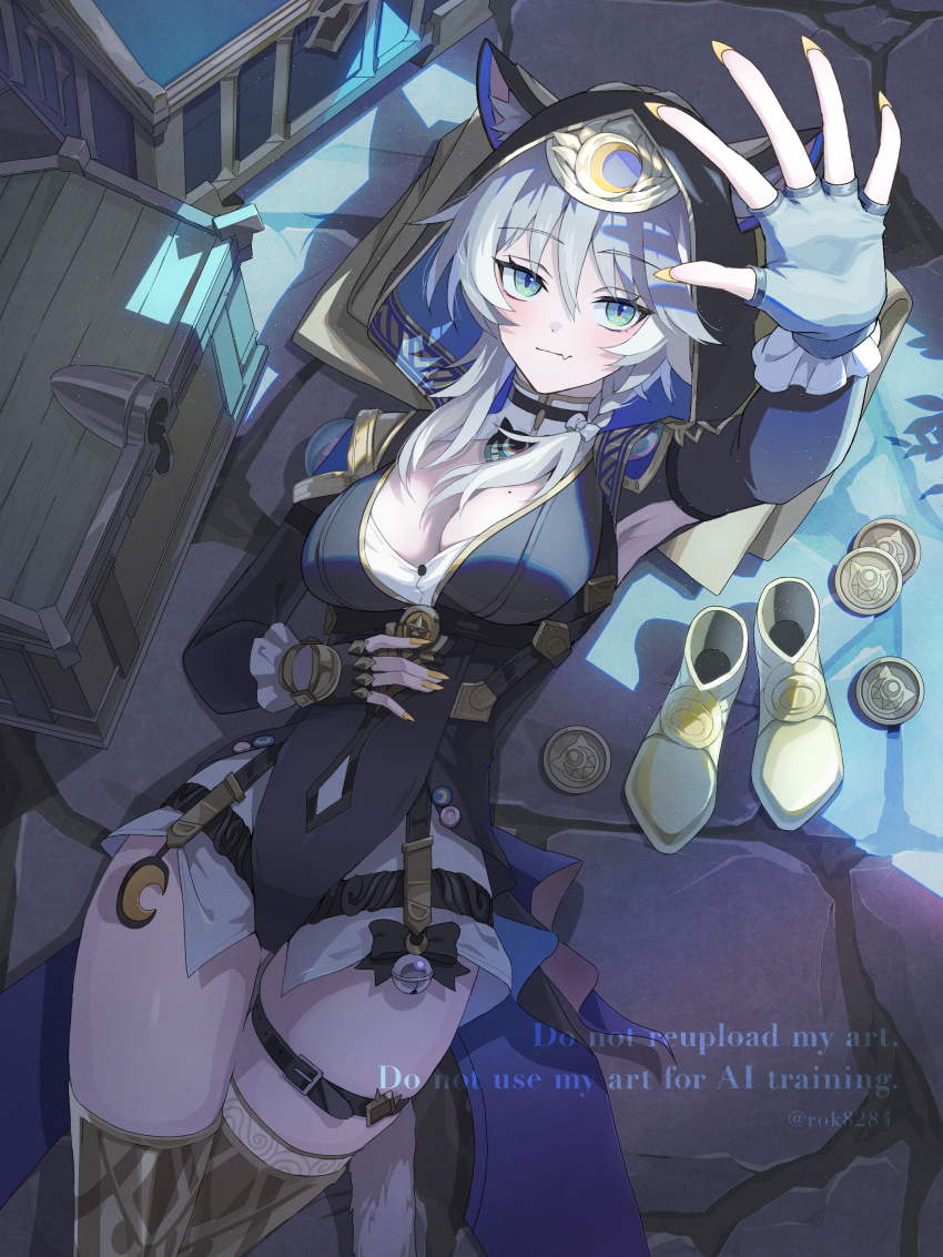 1girl absurdres animal_ears animal_hood belt black_leotard blue_eyes boots breasts cat_ears cat_girl cat_hood cat_tail cipher_(honkai:_star_rail) coin commentary fingerless_gloves gloves gold_boots gold_coin grey_hair highres honkai:_star_rail honkai_(series) hood hooded_leotard large_breasts leotard lying mole mole_on_breast on_back on_floor rok8284 short_hair_with_long_locks shorts solo tail thigh_belt thigh_strap thighs treasure_chest unworn_boots white_shorts yellow_nails