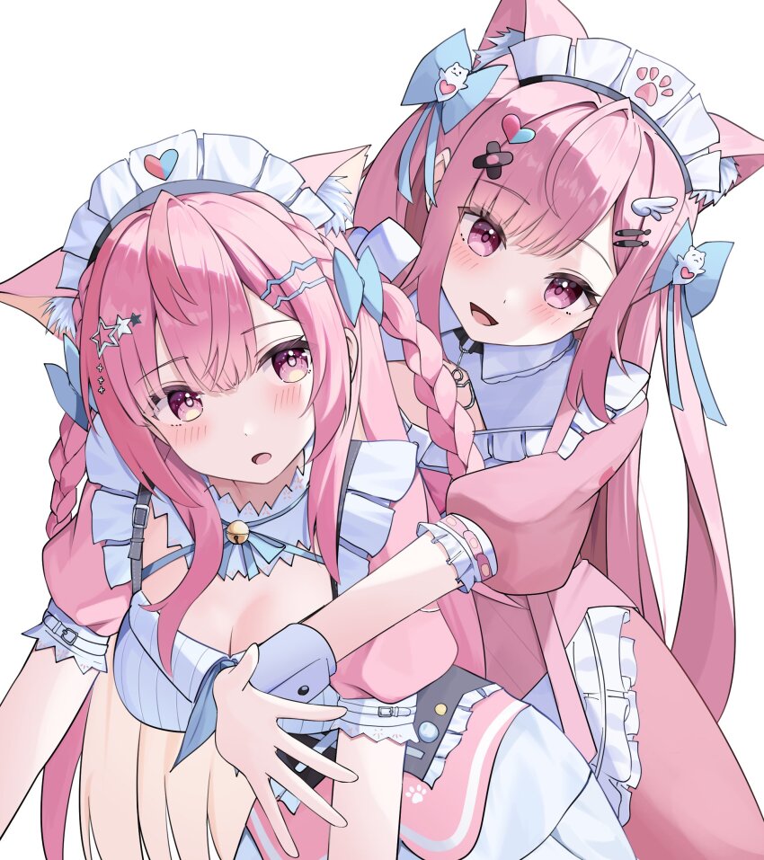 2girls absurdres ahoge animal_ears bandaid bandaid_hair_ornament bell black_choker blue_bow blue_ribbon blush bow braid breasts cat_choker cat_ears cat_girl cat_hair_ornament choker cleavage cleavage_cutout clothing_cutout commentary_request crossed_bandaids dress dual_persona extra_ears fish_hair_ornament ghost_hair_ornament hair_bow hair_ornament hairclip heart heart_hair_ornament heart_print highres indie_virtual_youtuber jingle_bell large_breasts leaning_forward long_hair looking_back maid maid_headdress masamune-tan multiple_girls neck_bell neck_ribbon o-ring o-ring_choker open_mouth paw_print pink_dress pink_eyes pink_hair ribbon short_sleeves simple_background smile star_(symbol) star_hair_ornament suspenders two_side_up virtual_youtuber white_background white_dress white_wrist_cuffs wing_hair_ornament wrist_cuffs yuuki_sakuna yuuki_sakuna_(1st_costume)