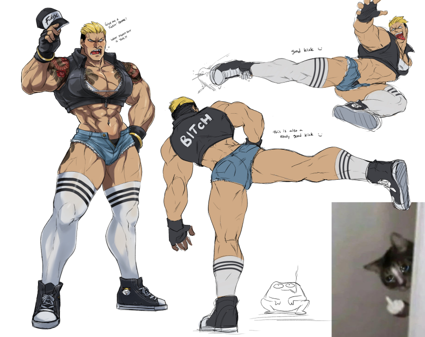 1boy angry ass bara black_footwear black_male_underwear blonde_hair bra bracelet breasts cat_png commentary cosplay crop_top crop_top_jacket crouch_kick english_commentary english_text fingerless_gloves gloves gold_bracelet hair_slicked_back high_kick highres kicking kneehighs large_breasts large_pectorals leggings male_focus male_underwear muscular muscular_male nyaattoberritto partially_unzipped pectorals sharp_teeth shirt short_shorts shorts shoulder_tattoo sleeveless sleeveless_jacket snk_heroines:_tag_team_frenzy socks tan tattoo teeth terry_bogard terry_bogard_(cosplay) the_king_of_fighters thick_thighs thighs tight_clothes tongue tongue_out underwear variant_set white_background white_bra white_leggings white_shirt yamazaki_ryuuji