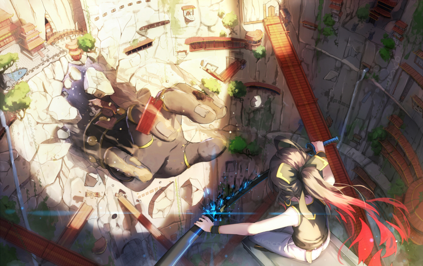 1girl ahoge architecture bare_arms belt black_shirt bow bridge building canyon cliff destruction drawing_sword earrings east_asian_architecture facing_away fantasy female_focus fingernails fire flaming_sword flaming_weapon from_above from_behind giant_hand gradient_hair hair_bow holding holding_sword holding_weapon hoop_earrings indian_style jewelry katana light_brown_hair long_hair multicolored_hair original outdoors pagoda pants ponytail qian_ye_(qys3) qys3 red_hair rock rubble sheath shirt sitting sleeveless sleeveless_shirt solo sunlight sword tian_ling_qian_ye tree unsheathing water waterfall weapon white_pants wrist_cuffs