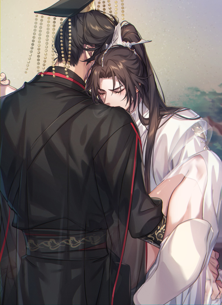 2boys absurdres anal beads biting_shoulder black_hair black_hanfu black_hat black_sash brown_hair cape chinese_clothes chu_wanning clenched_hand closed_eyes clothed_sex cum cum_on_body cum_on_legs earrings erha_he_ta_de_bai_mao_shizun guan_hat hand_on_another&#039;s_leg hanfu hat high_ponytail highres jewelry long_hair long_sleeves male_focus male_penetrated mian_guan mo_ran multiple_boys no_pants ponytail sash see-through_cape see-through_clothes sex shoes stud_earrings suspended_congress taxian-jun tears white_hanfu white_shoes xiao_guan_(headdress) yaoi zehel_az