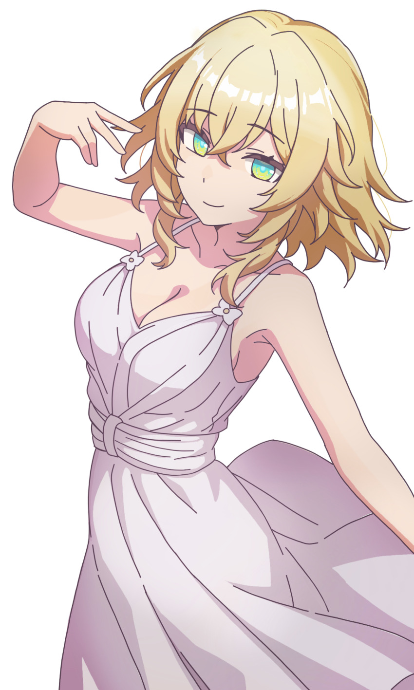 1girl aglaea_(honkai:_star_rail) alternate_costume bare_arms bare_shoulders blonde_hair breasts cleavage commentary cowboy_shot dress english_commentary green_eyes hair_between_eyes highres honkai:_star_rail honkai_(series) looking_at_viewer medium_breasts prickly-chan_(ycactussprout) short_hair simple_background sleeveless sleeveless_dress smile solo spaghetti_strap standing white_background white_dress