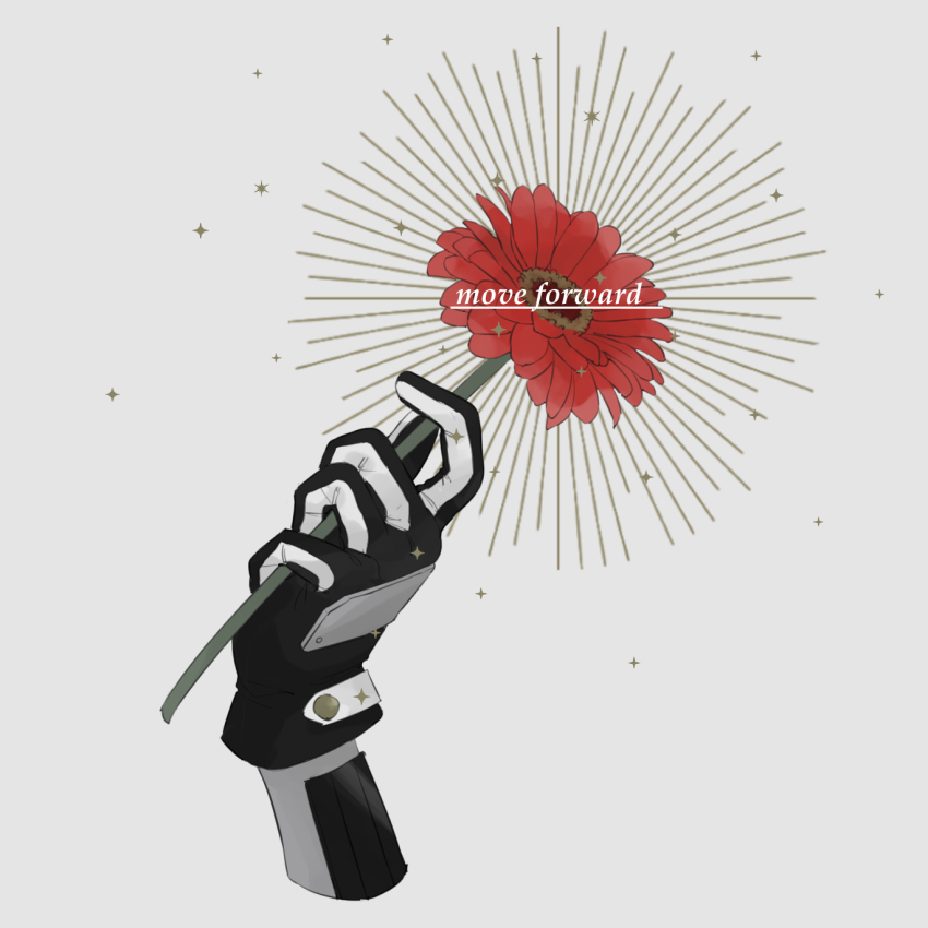 1boy bad_id bad_pixiv_id black_gloves buzen_gou daisy_(flower) disembodied_hand english_text flower gerbera gloves grey_background hand_focus highres holding holding_flower long_sleeves male_focus pohu red_flower simple_background solo touken_ranbu two-tone_gloves