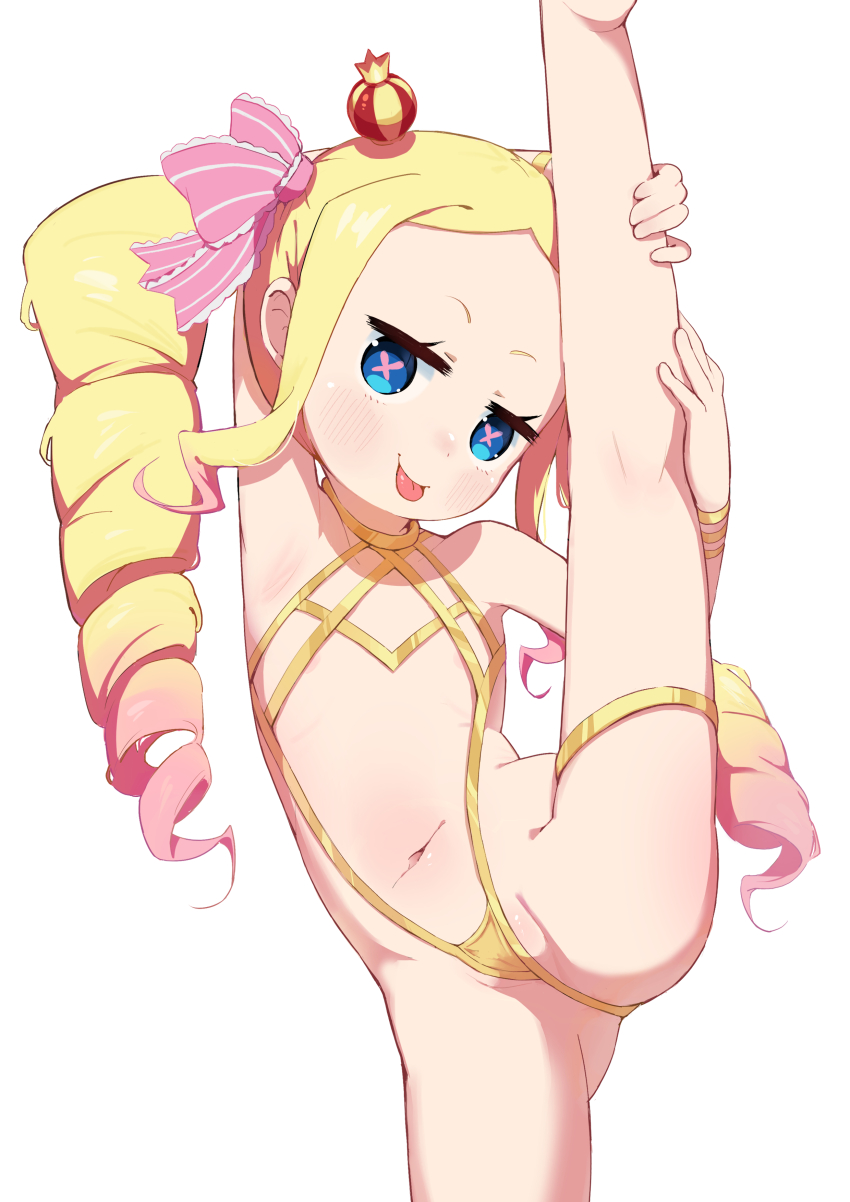 1girl absurdres areola_slip ass bad_tag bare_shoulders beatrice_(re:zero) blonde_hair blue_eyes blush bow crown drill_hair flat_chest flexible groin head_tilt heart heart-shaped_pupils highres kinn_(kinn70133) leg_lift leg_up loli long_hair looking_at_viewer mini_crown multicolored_hair navel parted_bangs re:zero_kara_hajimeru_isekai_seikatsu ribbon sidelocks simple_background smile solo split spread_legs standing standing_on_one_leg standing_split striped_bow swimsuit symbol-shaped_pupils tilted_headwear tongue tongue_out twin_drills twintails two-tone_hair very_long_hair white_background