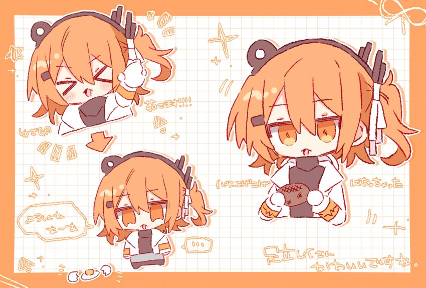 &gt;_&lt; 1girl a.i._voice adachi_rei black_shirt border bread burnt_food chibi chibi_only commentary cracked_egg egg food grid_background hair_ribbon headlamp highres holding holding_egg holding_food jacket long_sleeves medium_hair multiple_views nanashi_(pos_t_0w0) one_side_up open_clothes open_jacket open_mouth orange_border orange_eyes orange_hair pan_kogekoge_ni_nacchatta_(utau) radio_antenna ribbon shirt symbol-only_commentary utau white_background white_jacket white_ribbon