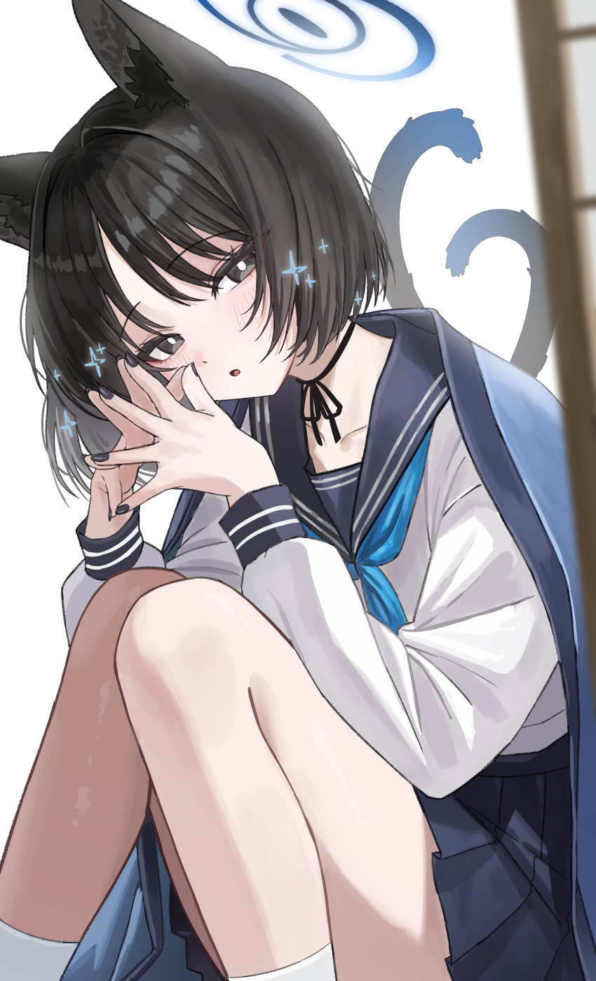 1girl absurdres animal_ear_fluff animal_ears black_choker black_eyes black_hair black_nails blue_archive blue_halo blue_haori blue_neckerchief blue_sailor_collar blue_skirt blush cat_ears cat_girl cat_tail choker commentary halo haori highres japanese_clothes kikyou_(blue_archive) looking_at_viewer multiple_tails neckerchief open_mouth parted_bangs pleated_skirt sailor_collar school_uniform serafuku shirt short_hair skirt socks solo steepled_fingers tail two_tails white_shirt white_socks yamu_(yamu_030)