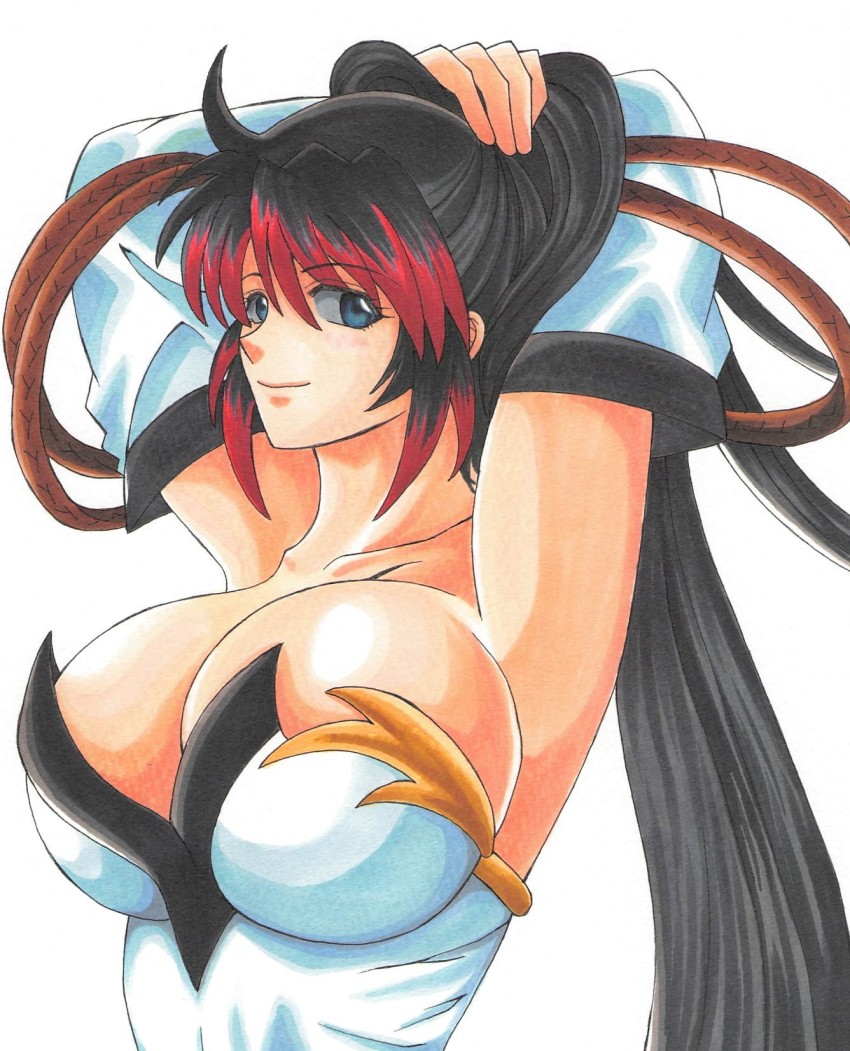 1girl armpits arms_behind_head bare_shoulders black_hair blue_eyes breasts cleavage highres huge_breasts long_hair looking_at_viewer multicolored_hair nanbu_kaguya ponytail red_hair smile super_robot_wars two-tone_hair