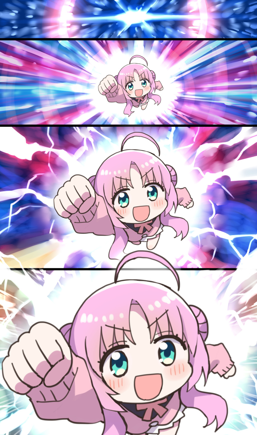 1girl :d ahoge akeuchi_yuu arm_up black_shirt blue_eyes blush clenched_hand commentary_request denkou_choujin_gridman double_bun dress hair_bun highres hoshikuzu_telepath long_hair looking_at_viewer open_mouth parted_bangs pink_dress pink_hair shirt smile somechime_(sometime1209) ultra_series ultraman_blazar_(series) v-shaped_eyebrows very_long_hair