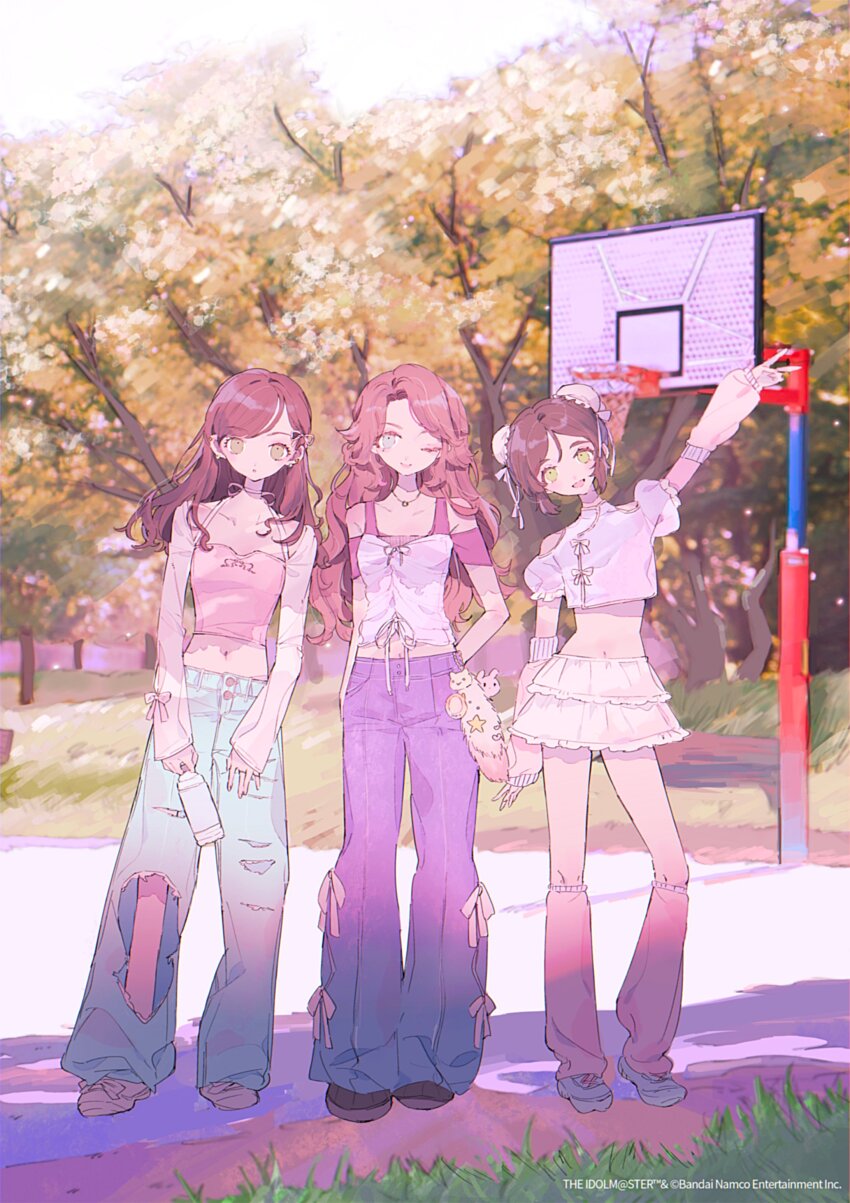 3girls absurdres arm_up basketball_hoop bell-bottoms bottle bun_cover copyright_name copyright_notice crop_top denim double_bun etou_misaki_(idolmaster) fragments_of_the_idolmaster_cinderella_girls hair_bun highres idolmaster idolmaster_cinderella_girls jeans kishibe_ayaka long_hair looking_at_viewer midriff multiple_girls official_art one_eye_closed outdoors pants real_world_location ronoh_(jill) skirt smile torn_clothes torn_jeans torn_pants tree v water_bottle wink yao_fueifuei