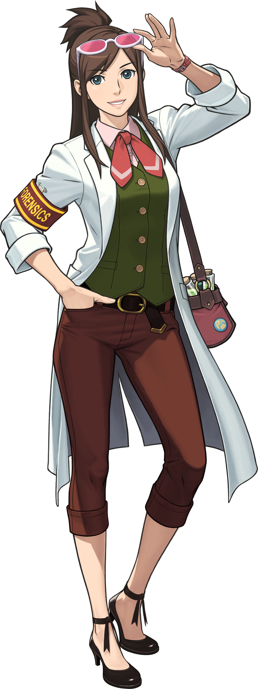 1girl absurdres ace_attorney bag black_shoes blue_eyes brown_bag brown_hair brown_pants capri_pants ema_skye eyewear_on_head full_body fuse_takuro green_shirt half_updo hand_in_pocket handbag highres lab_coat long_hair looking_at_viewer official_art pants phoenix_wright:_ace_attorney_-_spirit_of_justice pink-tinted_eyewear shirt shoes simple_background smile solo standing sunglasses tachi-e third-party_source tinted_eyewear transparent_background watch wristwatch
