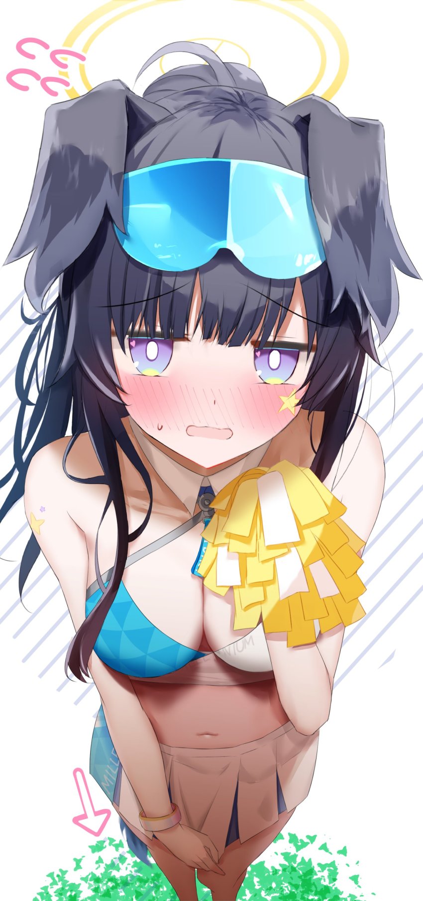 1girl absurdres animal_ears ashinagi_(bijutu1) bikini bikini_top_only blue_archive blush bracelet breasts bright_pupils cleavage collarbone detached_collar dog_ears embarrassed flying_sweatdrops full-face_blush furrowed_brow goggles goggles_on_head halo hibiki_(blue_archive) hibiki_(cheer_squad)_(blue_archive) highres holding holding_pom_poms jewelry looking_at_viewer millennium_cheerleader_outfit_(blue_archive) miniskirt multicolored_bikini navel pleated_skirt pom_pom_(cheerleading) pom_poms skirt skirt_tug solo star_sticker sticker_on_arm sticker_on_face sweatdrop swimsuit two-tone_bikini two-tone_skirt