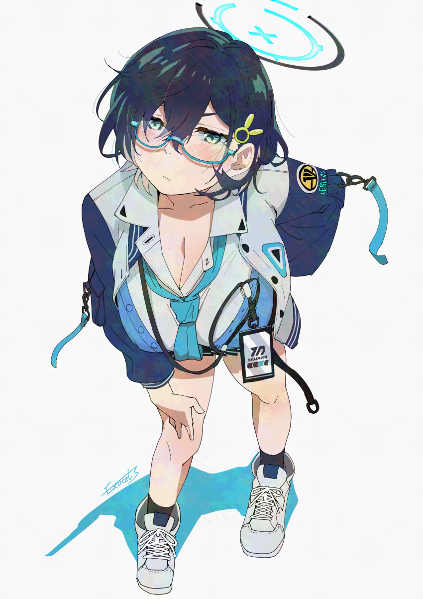 1girl :/ aqua_eyes artist_name black_skirt black_socks blue_archive blue_hair blue_halo blue_jacket blue_necktie blue_sweater_vest blush breasts chihiro_(blue_archive) cleavage closed_mouth collared_shirt exocet_(exocet4) frown glasses hair_ornament halo highres id_card jacket lanyard large_breasts leaning_forward looking_at_viewer miniskirt multicolored_jacket necktie open_clothes open_jacket pleated_skirt rabbit_hair_ornament semi-rimless_eyewear shirt shoes short_hair simple_background skirt sneakers socks solo sweater_vest two-tone_jacket under-rim_eyewear v-shaped_eyebrows white_background white_jacket white_shirt white_shoes