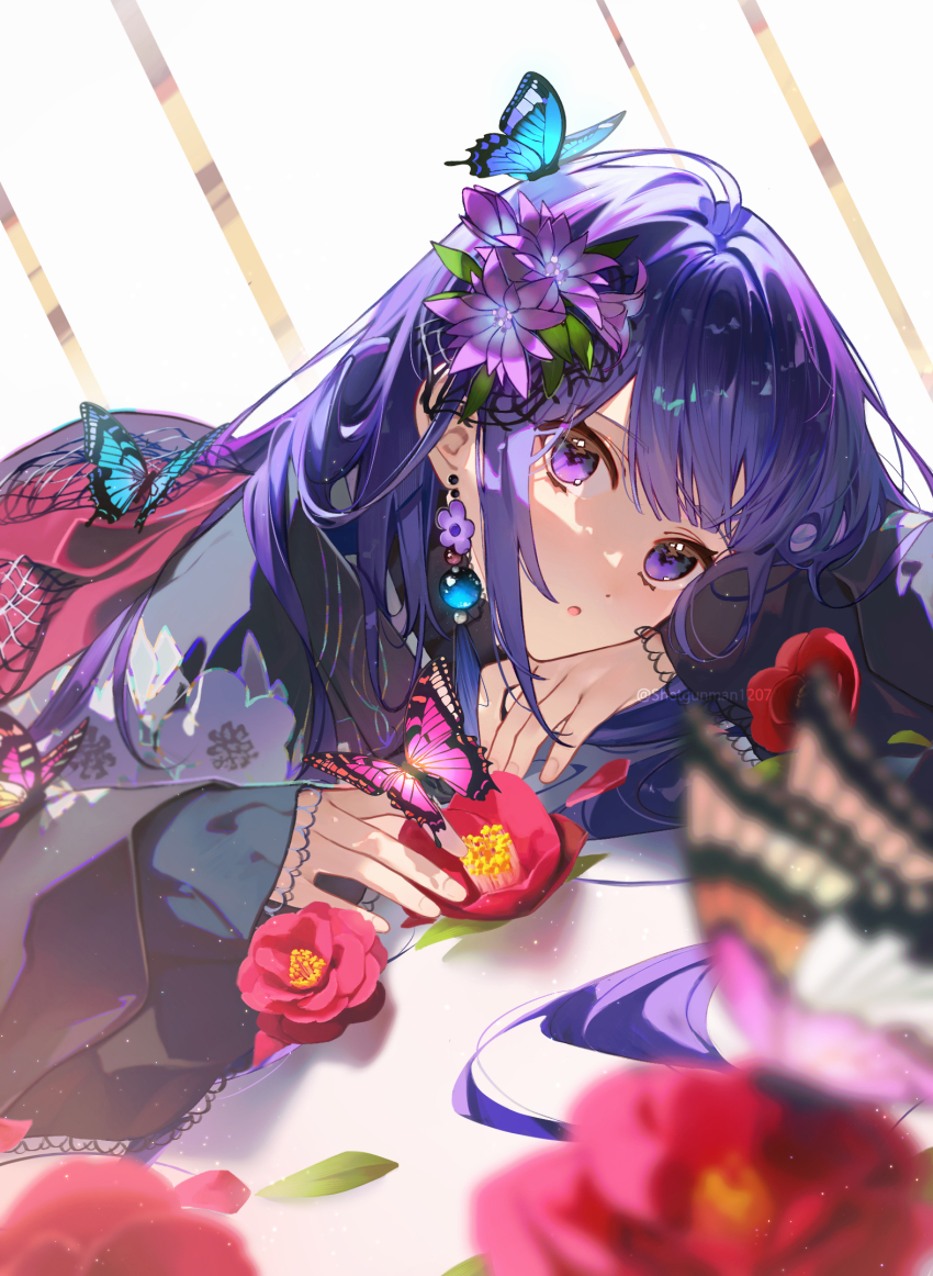 1girl :o alternate_costume black_kimono bug butterfly dutch_angle earrings fingernails flower flower_earrings genshin_impact hair_flower hair_ornament head_on_arm highres insect japanese_clothes jewelry kimono light_particles long_hair looking_at_viewer lying on_side on_stomach purple_eyes purple_flower purple_hair raiden_shogun red_flower red_sash sash shotgunman solo twitter_username upper_body white_background