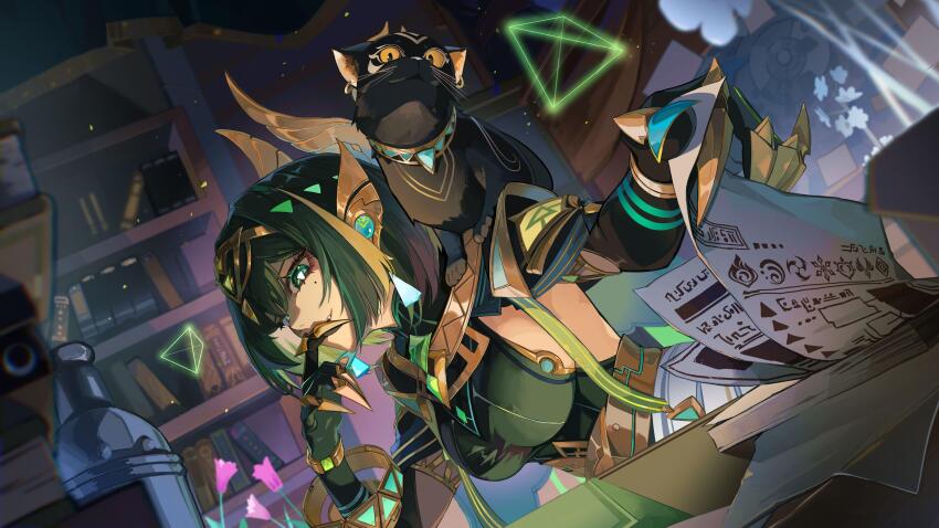 1girl absurdres ancient_egyptian_clothes anemo_symbol_(genshin_impact) animal animal_on_shoulder ashru_(genshin_impact) black_cat book bookshelf breasts cat commentary cryo_symbol_(genshin_impact) dendro_symbol_(genshin_impact) dutch_angle electro_symbol_(genshin_impact) english_commentary evil_smile fake_claws finger_to_mouth genshin_impact geo_symbol_(genshin_impact) gloves green_eyes green_hair green_shirt guest_art headpiece highres holding holding_paper hydro_symbol_(genshin_impact) indoors medium_breasts merah_drow mole mole_under_eye nefer_(genshin_impact) paper parted_lips pyro_symbol_(genshin_impact) second-party_source shirt short_hair smile solo symbol-shaped_pupils triangle-shaped_pupils upper_body white_pubic_hair