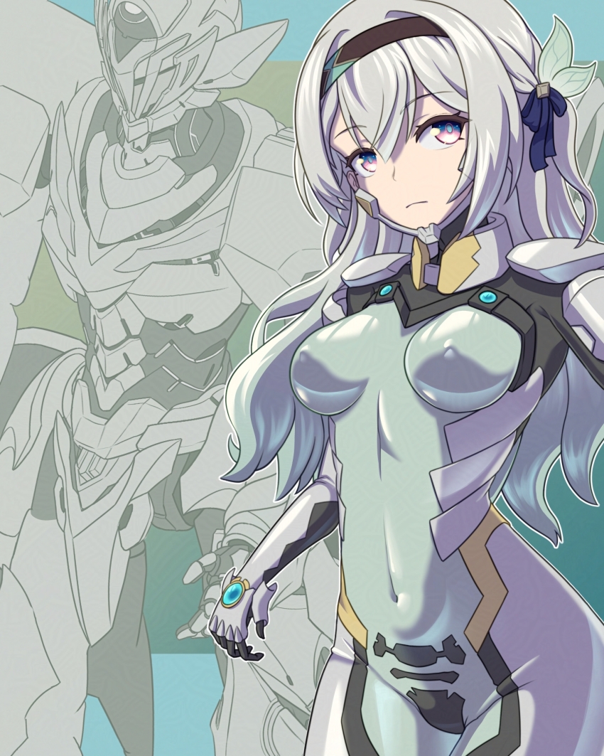 1girl armored_bodysuit black_hairband blue_pupils bodysuit bow breasts covered_erect_nipples covered_navel firefly_(honkai:_star_rail) fortified_suit grey_hair hair_bow hairband halcyon_(halcyon90) highres honkai:_star_rail honkai_(series) impossible_bodysuit impossible_clothes long_hair mecha mecha_pilot_suit medium_breasts multicolored_eyes muv-luv muv-luv_alternative pilot_suit robot sam_(honkai:_star_rail) science_fiction see-through_bodysuit see-through_clothes skin_tight solo tactical_surface_fighter two-tone_eyes white_bodysuit