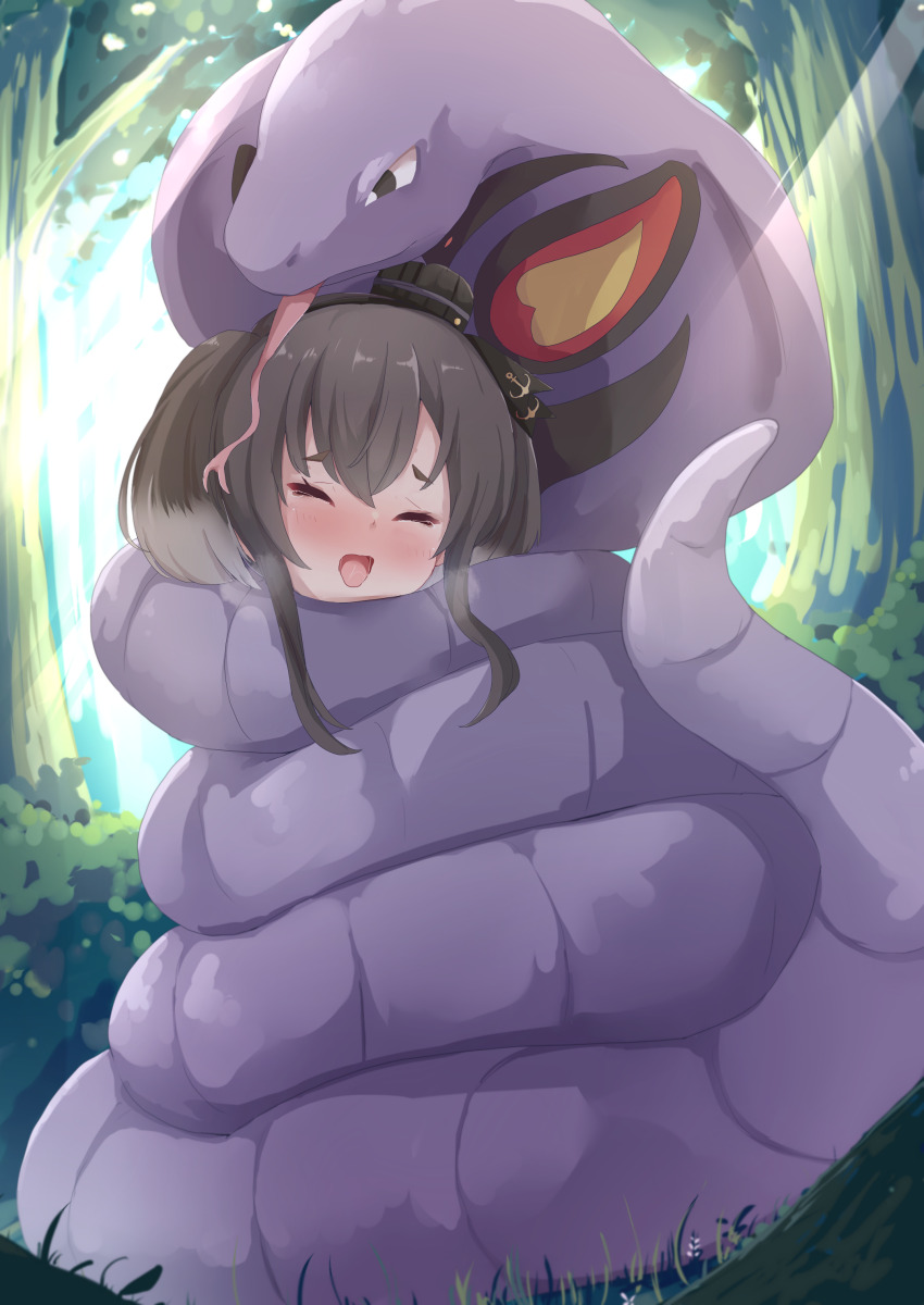 1girl absurdres anchor_symbol arbok black_eyes black_hair blush closed_eyes commentary_request commission constriction crossover forest forked_tongue gen_1_pokemon grass grey_hair hair_between_eyes highres kantai_collection nature nintendo nose_blush nyxerebos open_mouth outdoors pokemon pokemon_(creature) saliva short_hair_with_long_locks skeb_commission tokitsukaze_(kancolle) tongue tree