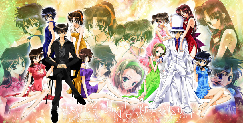 2boys 6+girls ahoge barefoot black_hair blue_eyes blue_hair breasts brown_eyes brown_hair cape china_dress chinese_clothes choker cleavage copyright_name dress feet formal_clothes glasses gloves green_eyes hairband happy_new_year highres holding_hands ito jacket kaitou_kid keiko_momoi koizumi_akako kudou_shin&#039;ichi kuroba_kaito long_hair magic_kaito medium_breasts meitantei_conan miyano_shiho momoi_keiko_(magic_kaito) mouri_ran multiple_boys multiple_girls nakamori_aoko new_year pants ponytail purple_eyes red_eyes red_hair sera_masumi short_hair smile suit suzuki_sonoko toes tooyama_kazuha twintails watermark web_address zoom_layer