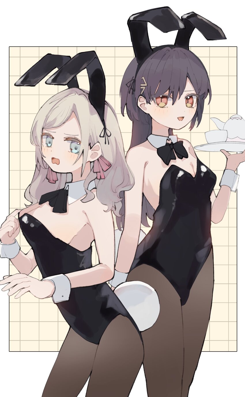 2girls :d absurdres alternate_costume animal_ear_hairband animal_ears bare_shoulders black_hairband black_leotard black_pantyhose blue_eyes border breasts ceras_yanagida_lilienfeld cleavage commentary cowboy_shot cup edel_note fake_animal_ears fake_tail grey_hair hair_ornament hairband highres holding holding_tray katsuragi_izumi leotard link!_like!_love_live! looking_at_viewer love_live! medium_breasts multiple_girls nagisa_iori open_mouth orange_eyes outside_border pantyhose peanut_mouth playboy_bunny rabbit_ear_hairband rabbit_ears rabbit_tail sidelocks slit_pupils smile standing strapless strapless_leotard swept_bangs tail teacup teapot tray triangle_hair_ornament virtual_youtuber wavy_hair white_border white_wrist_cuffs wolf_cut wrist_cuffs