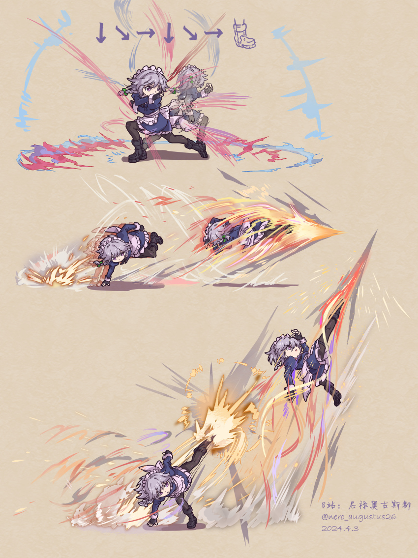 1girl absurdres afterimage apron artist_name attack_trail back_bow black_footwear black_gloves black_pantyhose blue_dress boots bow braid cammy_white command_input dated dress fighting_game fingerless_gloves flying_kick frilled_apron frills garter_straps gloves green_bow grey_hair hand_on_ground highres izayoi_sakuya kicking long_sleeves maid maid_headdress motion_lines multiple_views nero_augustus pantyhose puffy_sleeves purple_eyes short_hair spinning street_fighter street_fighter_6 touhou twin_braids v-shaped_eyebrows waist_apron white_bow