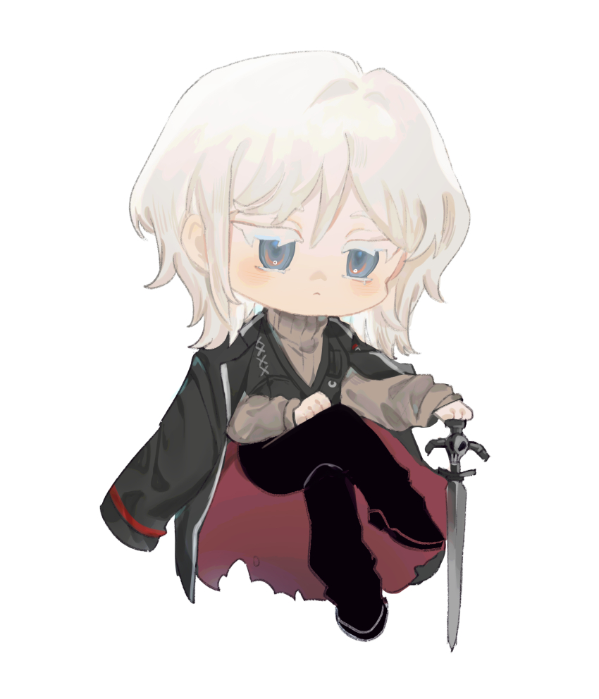 1girl absurdres black_coat black_pants black_vest blue_eyes chibi closed_mouth coat coat_on_shoulders crossed_legs faust_(project_moon) grey_sweater highres limbus_company mesoold pants project_moon ribbed_sweater short_hair solo sweater vest white_hair