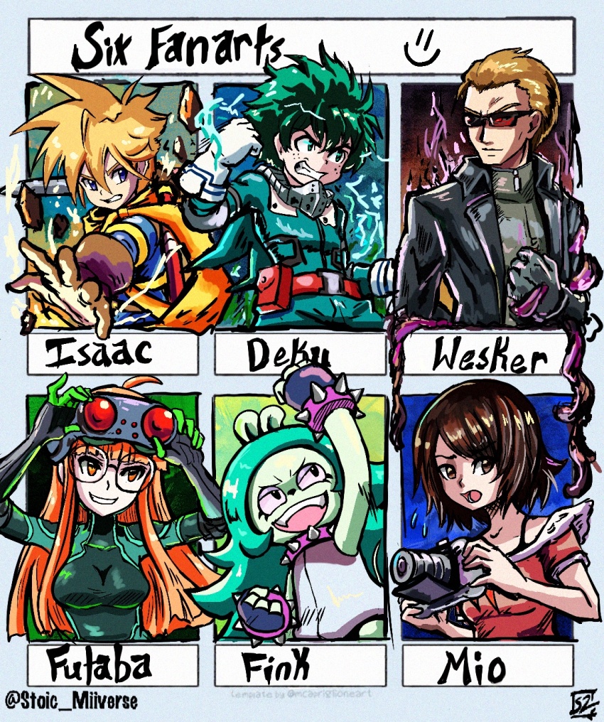2girls 3boys albert_wesker amakura_mio aqua_background camera character_name character_request commentary english_commentary english_text fatal_frame highres holding holding_camera midoriya_izuku multiple_boys multiple_drawing_challenge multiple_girls persona persona_5 six_fanarts_challenge stoic_seraphim twitter_username