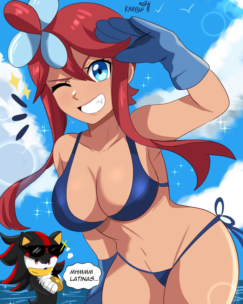 1boy 1girl 2024_pokemon_teraleak bikini black_fur blue_eyes blue_sky breasts cleavage cloud crossed_arms crossover dark-skinned_female dark_skin english_text gloves highres i_just_love_latinas_sonic_(meme) karbuitt large_breasts long_hair looking_at_viewer nintendo one_eye_closed pokemon pokemon_bw red_hair shadow_the_hedgehog sky skyla_(pokemon) sonic_(series) swimsuit teeth water wide_hips wink