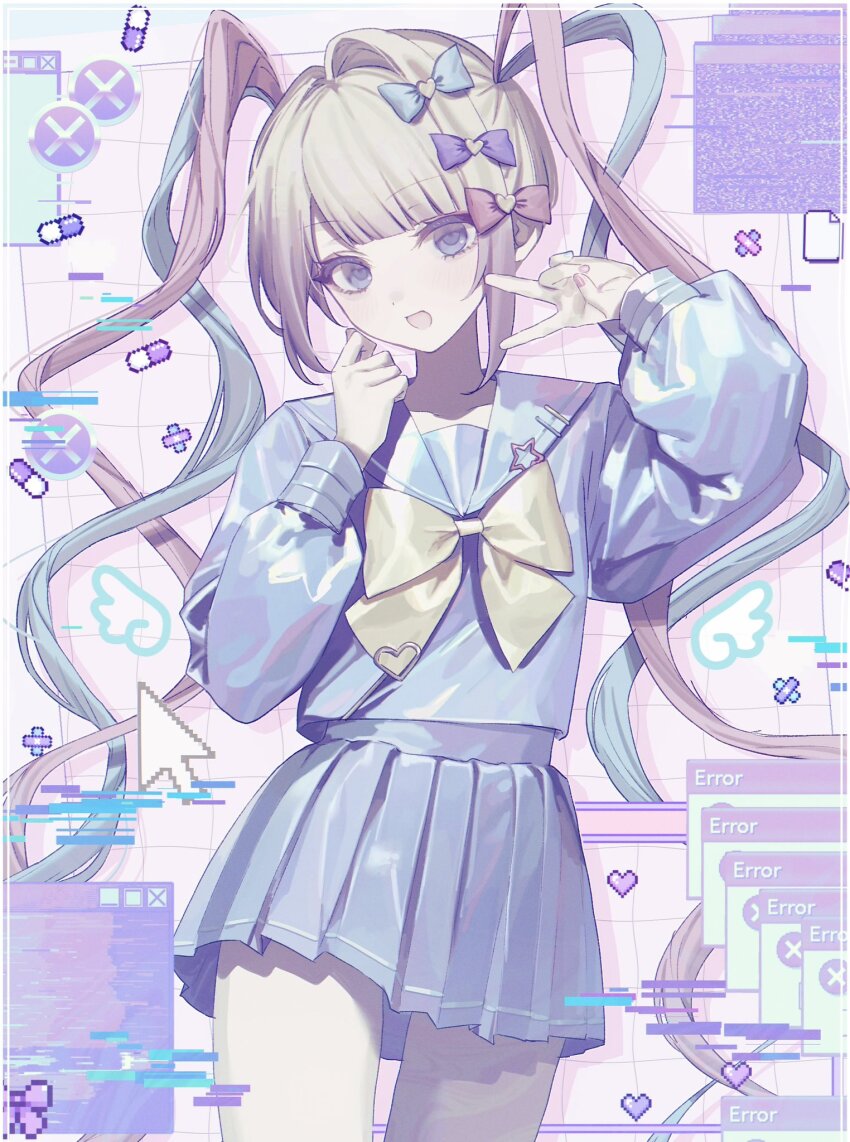 1girl :d blonde_hair blue_bow blue_eyes blue_hair blue_serafuku blue_shirt blue_skirt bow bowtie chouzetsusaikawa_tenshi-chan cursor hair_bow highres hinomiya_shiyou_(ly05yy) long_hair multicolored_hair multiple_hair_bows needy_girl_overdose open_mouth pink_bow pink_hair purple_bow quad_tails school_uniform serafuku shirt skirt smile solo v very_long_hair window_(computing) yellow_bow yellow_bowtie