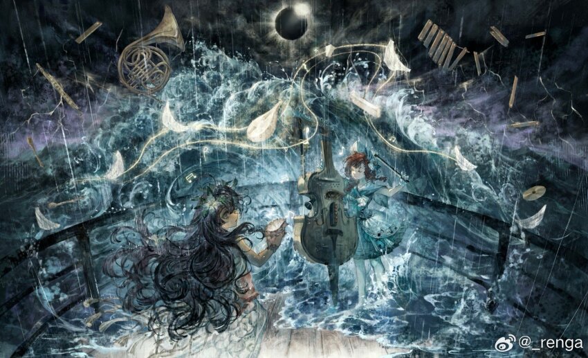 2girls ahoge aqua_eyes barcarola_(reverse:1999) black_hair black_sky blue_shirt blue_skirt bow_(music) braid closed_eyes closed_mouth cloud conch dark_clouds dixie_cup_hat eclipse fatutu flower flute french_horn from_side gloves hair_flower hair_ornament hat highres holding holding_bow_(music) holding_shell instrument lightning long_hair looking_at_viewer lute_(instrument) medium_skirt military_hat multiple_girls ocean pantyhose profile railing rain renga_(artist) reverse:1999 sailor_collar shell shirt skirt sky sleeveless sleeveless_shirt smile socks solar_eclipse storm twin_braids watermark waves weibo_watermark white_flower white_gloves white_hat white_pantyhose white_shirt white_skirt white_socks wide_shot wooden_floor xylophone