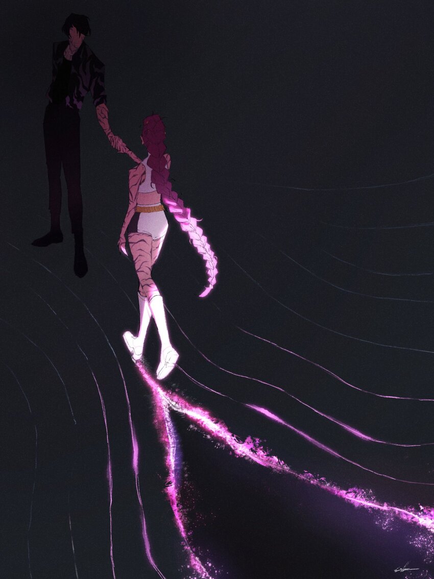 1boy 1girl back black_hair black_pants boots braid braided_ponytail calladraws1 commentary english_commentary full_body highres holding_hands jinu_(kpop_demon_hunters) kpop_demon_hunters pants purple_hair rumi_(kpop_demon_hunters) shorts signature sleeveless white_boots