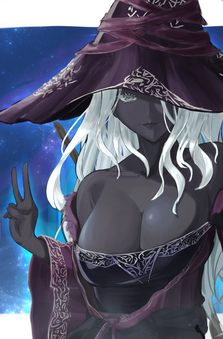 1girl absurdres black_skin breasts colored_eyelashes colored_skin dark-skinned_female dark_skin elden_ring elden_ring_nightreign grey_eyes hat hat_over_eyes highres large_breasts large_hat long_hair nakaon purple_hat purple_sleeves recluse_(elden_ring) solo v very_dark_skin white_eyelashes white_hair witch witch_hat wooden_staff