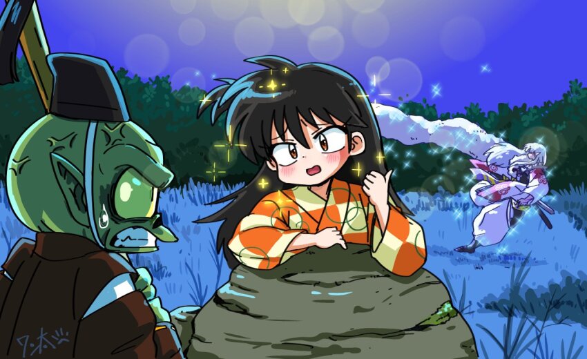 1girl 2boys anger_vein black_hair brown_eyes checkered_clothes checkered_kimono clenched_teeth colored_skin green_skin inuyasha jaken japanese_clothes kimono long_hair medalist_(manga) meme multiple_boys night orange_kimono outdoors pointy_ears rin_(inuyasha) scene_reference sesshoumaru smug_inori_(meme) sparkle teeth wanta_(futoshi)