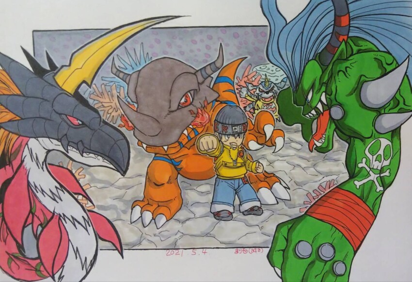 claws digimon digimon_(creature) digimon_world gabumon greymon hat horns mameo_(digimon) orgemon sharp_teeth skull tail teeth waruseadramon