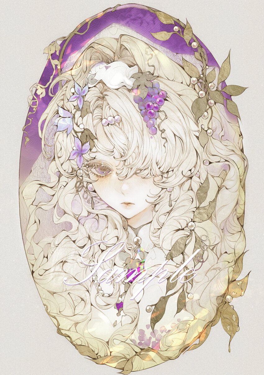 1girl absurdres blonde_hair closed_mouth dong_guang earrings eyelashes flower food fruit gem grapes hair_flower hair_intakes hair_ornament hairband highres jewelry leaf lips long_hair looking_at_viewer makeup one_eye_covered original pearl_(gemstone) pearl_hair_ornament plant portrait purple_eyes purple_flower rouge_(makeup) sample_watermark simple_background solo vines watermark wavy_hair white_hairband