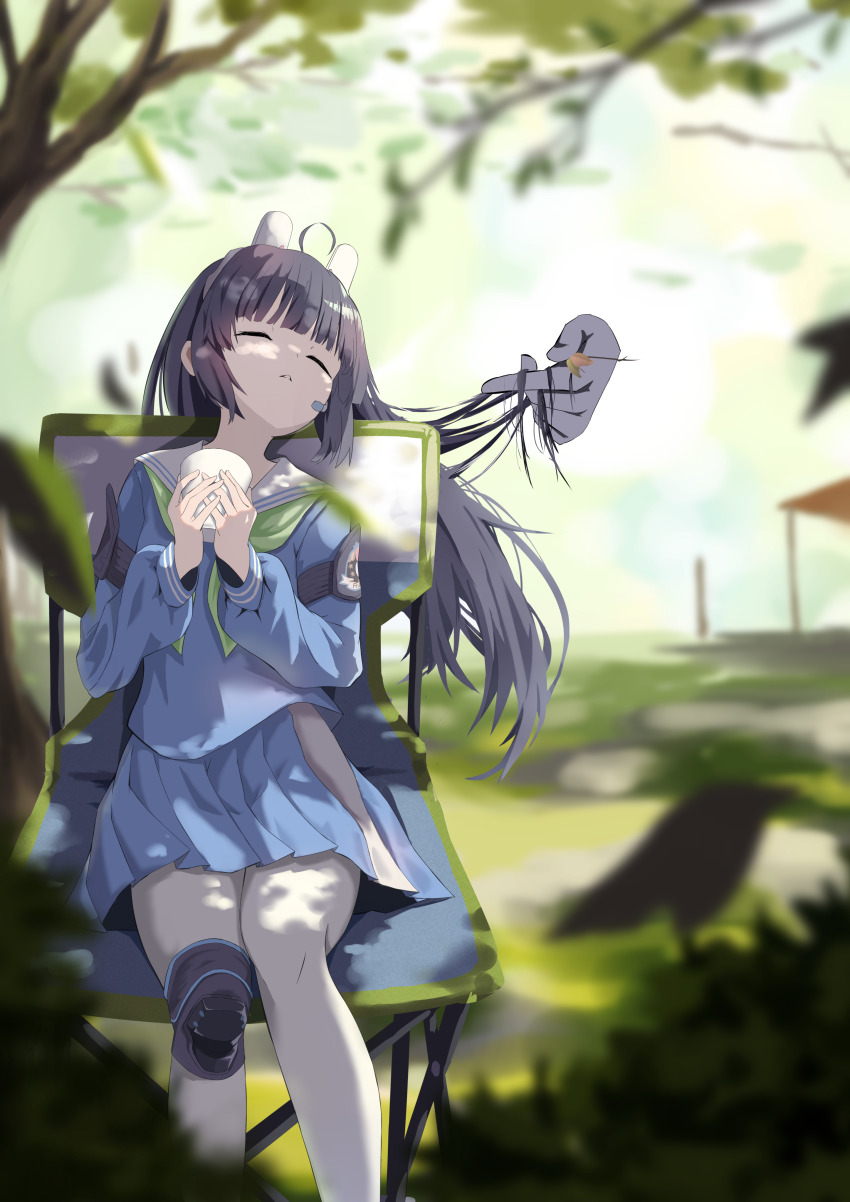 1girl absurdres ahoge animal_ears black_hair blue_archive blue_serafuku blue_shirt blue_skirt blunt_bangs blurry closed_eyes commentary cup dappled_sunlight day depth_of_field disembodied_hand fake_animal_ears feet_out_of_frame floating_hair gloves green_neckerchief hands_up head_tilt highres holding holding_cup long_hair long_sleeves miniskirt miyu_(blue_archive) neckerchief on_chair outdoors own_hands_together pantyhose park parted_lips pleated_skirt puffy_long_sleeves puffy_sleeves rabbit_ears sailor_collar school_uniform serafuku shirt shiu_kyu sidelocks sitting skirt sleeping solo sunlight white_gloves white_pantyhose white_sailor_collar