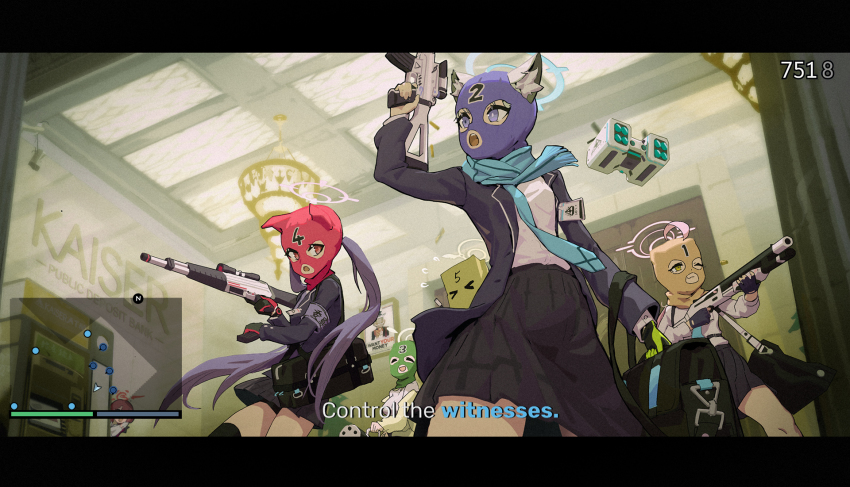 5girls assault_rifle bag balaclava bank beretta_ar70/90 blue_archive crossover drone duffel_bag english_text fake_screenshot faust_(blue_archive) gameplay_mechanics gatling_gun grand_theft_auto grand_theft_auto_v gun halo heads-up_display health_bar hifumi_(blue_archive) highres holding holding_gun holding_weapon hoshino_(blue_archive) i_want_you letterboxed luoxuan_dazhuang_ji mask minigun minimap multiple_girls nonomi_(blue_archive) paper_bag pointing pointing_at_viewer poster_(medium) rifle robbery scarf school_uniform serika_(blue_archive) shiroko_(blue_archive) shotgun sig_sauer_556 uncle_sam user_interface weapon