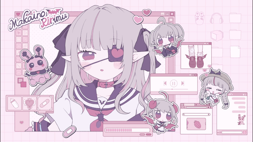 1girl ahoge bag black_ribbon brown_hair character_name chibi chibi_inset collar eyepatch fake_screenshot fang hair_ribbon hat heart highres makaino_ririmu makaino_ririmu_(1st_costume) makaino_ririmu_(2nd_costume) makaino_ririmu_(3rd_costume) makaino_ririmu_(4th_costume) medium_hair multicolored_hair multiple_views neckerchief nijisanji parted_lips pink_hair pointy_ears red_eyes red_neckerchief ribbon school_uniform serafuku streaked_hair stuffed_toy virtual_youtuber wings wotoha