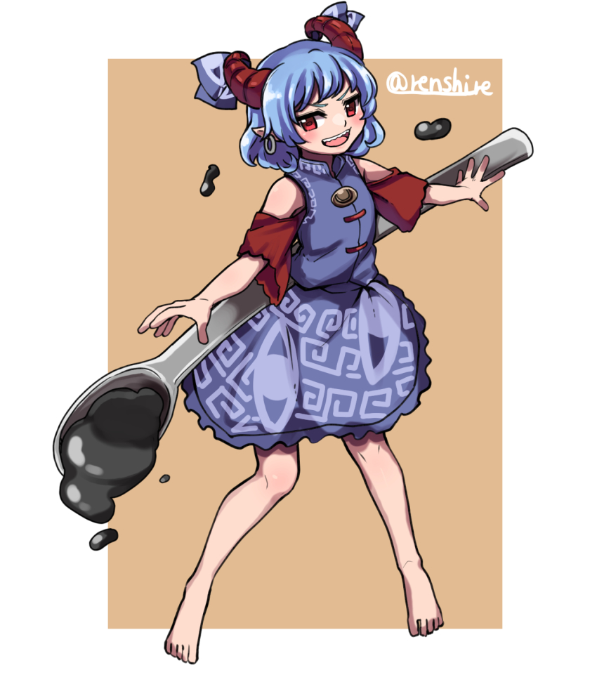 1girl bare_legs barefoot beige_background blue_dress blue_hair border brown_background commentary_request curly_hair detached_sleeves dress earrings eye_print full_body highres horizontal_pupils horn_ornament horn_ribbon horns jewelry meandros oil one-hour_drawing_challenge oversized_object patterned_clothing pointy_ears rectangular_pupils red_eyes red_horns red_sleeves renshirenji ribbon sharp_teeth sheep_horns spoon teeth toes touhou toutetsu_yuuma utensil white_border