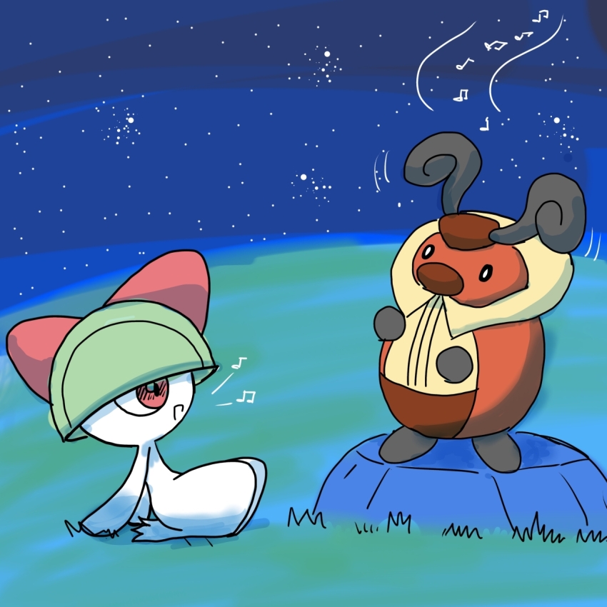 1other arm_support black_sclera blue_sky blunt_bangs bowl_cut colored_sclera colored_skin from_side full_body gen_3_pokemon gen_4_pokemon grass green_hair happy kricketot leaning_back looking_at_another monya motion_lines music musical_note night nintendo on_ground open_mouth other_focus outdoors pokemon pokemon_(creature) profile ralts red_eyes short_hair singing sitting sky smile spoken_musical_note standing star_(sky) starry_sky white_eyes white_skin