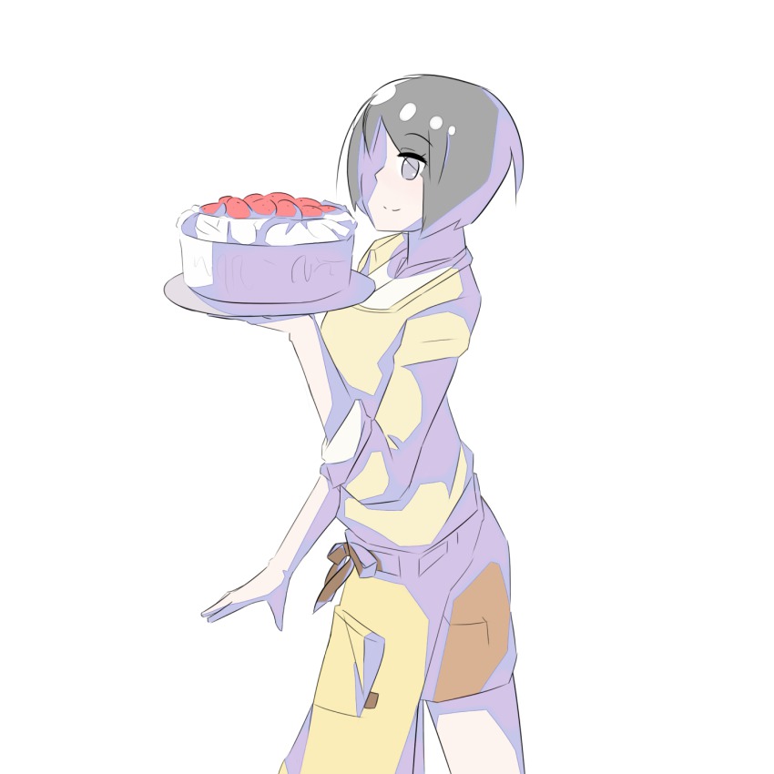 1girl apron black_hair blue_eyes cake drawfag female_focus flat_color food hair_over_one_eye happy highres hiwatari non-web_source shimau short_hair shorts simple_background smile solo white_background yotsubato!