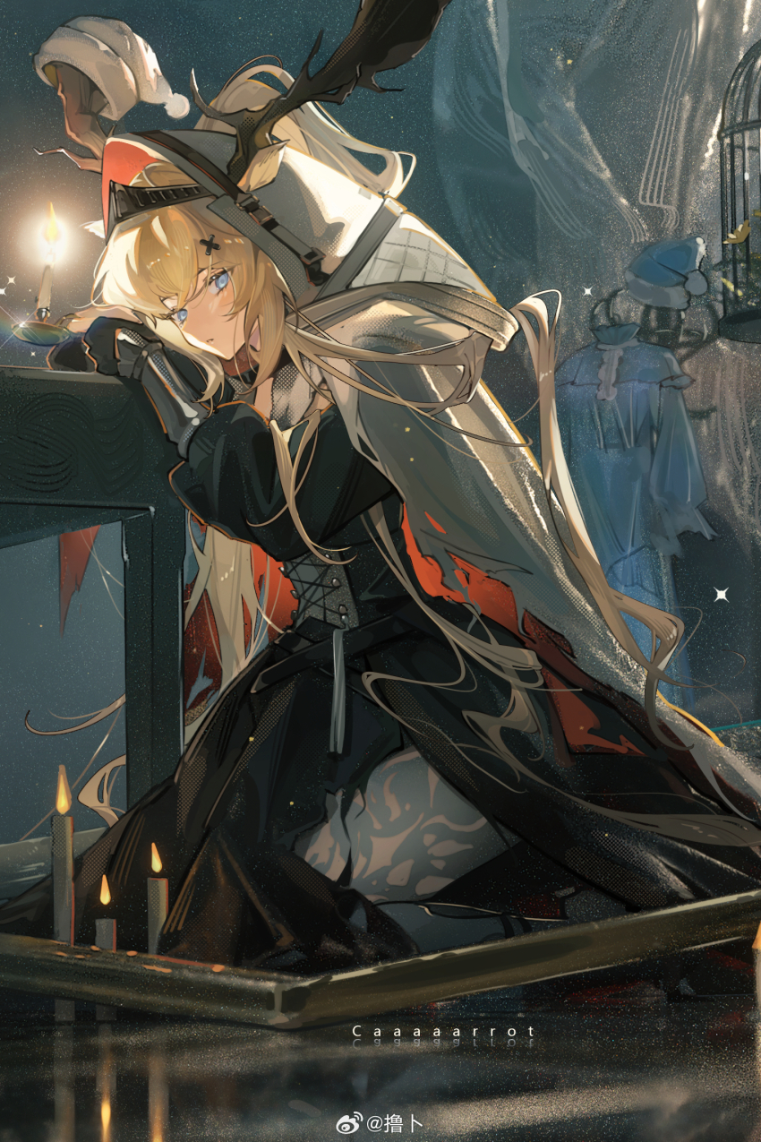 1girl :o animal_ears antlers antlers_through_headwear antlers_through_hood architecture arknights arm_rest armor artist_name backlighting birdcage black_dress black_gloves blonde_hair blue_eyes blue_hat blue_pajamas blurry blurry_background blurry_foreground cage candle candlelight candlestand chair chinese_commentary chinese_text coat commentary_request curtains deer_antlers deer_ears deer_girl depth_of_field dress ears_through_headwear ears_through_hood empty_picture_frame fire floor flower from_side full_body gauntlets glint gloves greaves hair_between_eyes halftone halftone_background hat hat_on_antlers highres holding holding_candle hood hood_up hooded_coat horns indoors kneeling leaf leaning leaning_forward light_particles long_hair long_sleeves looking_at_viewer multicolored_coat nightcap pajamas pants parted_lips partially_fingerless_gloves picture_frame plant red_coat red_hood reflection reflective_floor shade signature solo sparkle toto_(caaaaarrot) two-tone_coat two-tone_hood very_long_hair viviana_(arknights) watermark wavy_hair weibo_watermark white_coat white_curtains white_hat white_hood white_pants wide_sleeves wooden_chair yellow_flower
