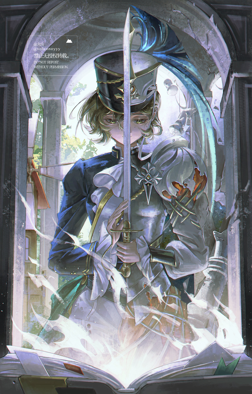 1girl absurdres armor artist_name black_hat blonde_hair chinese_commentary commentary_request facing_viewer hat highres holding holding_sword holding_weapon looking_down mole mole_under_eye peaked_cap recoleta_(reverse:1999) reverse:1999 shako_cap solo split_theme sword volcanoyyy weapon yellow_eyes