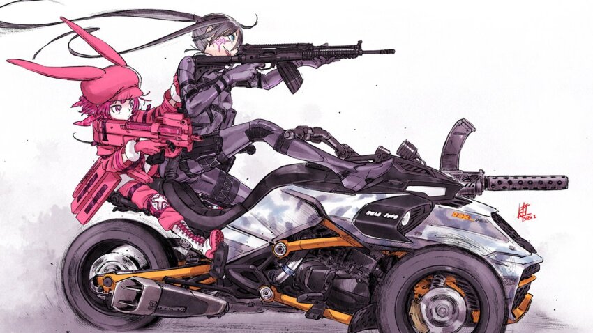 2girls animal_ears assault_rifle black_bodysuit black_hair bodysuit boots breasts bullpup eyecatch fake_animal_ears fighting_stance flat_chest gloves gun hat holding holding_gun holding_weapon holster kalashnikov_rifle llenn_(sao) long_hair machine_gun military motor_vehicle motorcycle multiple_girls official_art p-chan_(p90) p90 personal_defense_weapon pink_bodysuit pink_boots pink_gloves pink_hair pink_hat pitohui_(sao) rabbit_ears riding rifle short_hair small_breasts submachine_gun sword_art_online sword_art_online_alternative:_gun_gale_online tattoo twintails weapon wheel