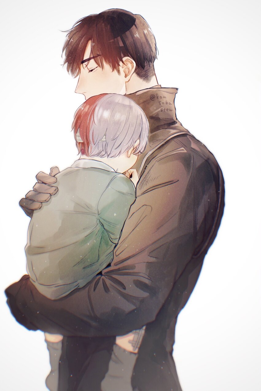 2boys absurdres aged_down black_coat black_hair boku_no_hero_academia carrying carrying_person closed_eyes coat from_side highres holding iida_tenya konsobastew long_sleeves male_focus multicolored_hair multiple_boys red_hair short_hair split-color_hair todoroki_shoto twitter_username white_background white_hair