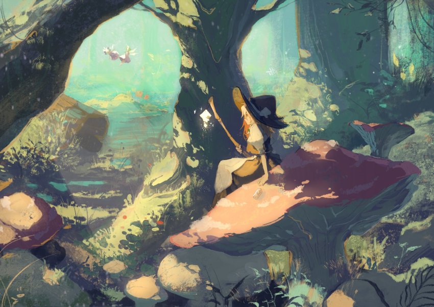 3girls apron arm_at_side arm_support black_headwear black_skirt black_vest blonde_hair blue_bow blue_dress blue_hair bow braid broom bug butterfly cirno commentary daiyousei day dress flower fly_agaric flying forest forest_of_magic from_side full_body fungus giant_mushroom glowing grass green_bow green_hair hair_between_eyes hair_bow hat highres holding holding_broom insect kirisame_marisa kusariuta lantern long_hair long_skirt medium_hair moss multiple_girls mushroom nature on_mushroom outdoors outstretched_arm outstretched_legs oversized_object plant profile puffy_short_sleeves puffy_sleeves red_flower scenery shirt short_sleeves side_braid single_braid sitting sitting_on_mushroom skirt sparkle touhou tree vest vial waist_apron white_apron white_shirt wide_shot witch_hat yellow_eyes