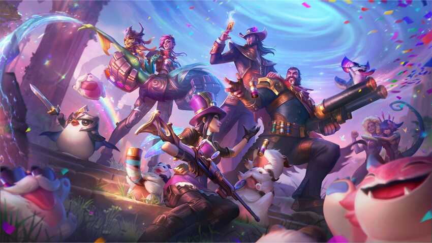 2boys 5girls :d bare_shoulders beard black_gloves black_pants blonde_hair breasts brown_gloves brown_shirt bug butterfly caitlyn_(league_of_legends) card carrying character_request clenched_hand colored_skin dark-skinned_female dark_skin facial_hair featherknight fingerless_gloves flower gauntlets gloves goggles goggles_on_head graves_(league_of_legends) green_skin grin gun hair_flower hair_ornament hat holding holding_card holding_gun holding_sword holding_weapon hug hug_from_behind insect jacket large_breasts league_of_legends lgbt_pride little_legend lizard_tail long_hair magic medium_hair mermaid monster_girl multiple_boys multiple_girls nami_(league_of_legends) neeko_(league_of_legends) official_art open_clothes open_jacket open_mouth outdoors pants pink_flower pink_hair poro_(league_of_legends) pouch pride_month princess_carry purple_hat rell_(league_of_legends) reptile_girl rifle shirt smile sniper_rifle striped_clothes striped_pants sword tail teamfight_tactics teeth top_hat twisted_fate vi_(league_of_legends) water weapon